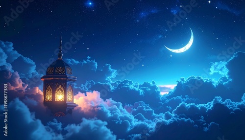 Magical Ramadan Night - Crescent Moon, Lantern, and Dreamy Clouds.