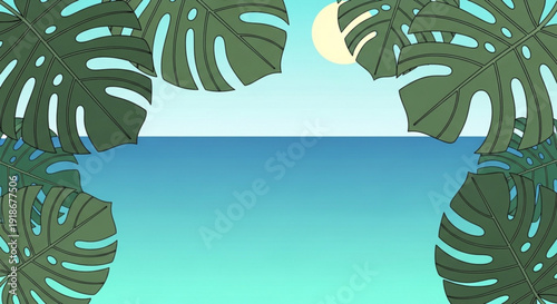 Tropical ocean scene with monstera leaves and crescent moon in gradient blue sky and water background