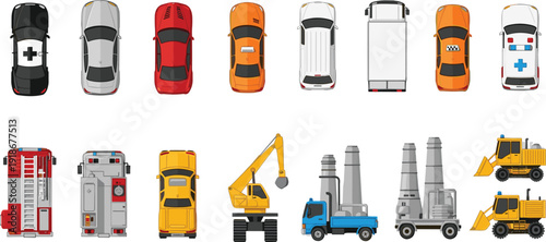 Emergency and construction vehicles top view illustration set with ambulance taxi truck excavator fire engine heavy machinery transportation collection vector