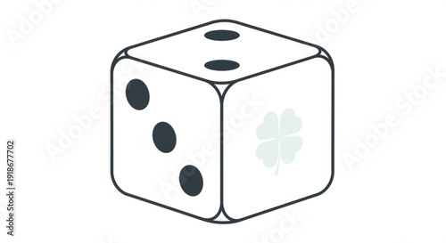 White dice with black dots and four leaf clover symbol on transparent background simple line art style