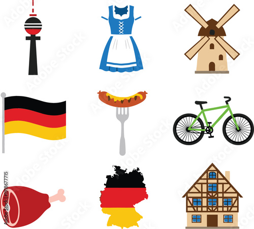 Germany Culture Icon Set Featuring German Flag, Dirndl Dress, Windmill, Bratwurst, Bicycle, Traditional House and Landmark Symbols Vector Collection