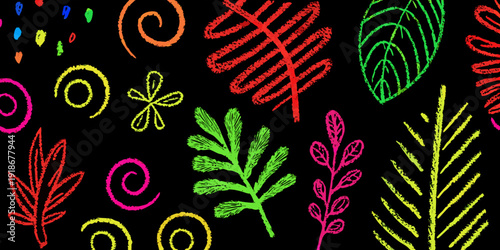 Vibrant chalk drawings of leaves swirls and floral shapes on black