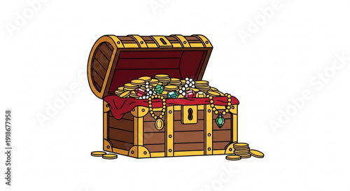 Treasure chest filled with gold coins and jewels open and unlocked cartoon style illustration