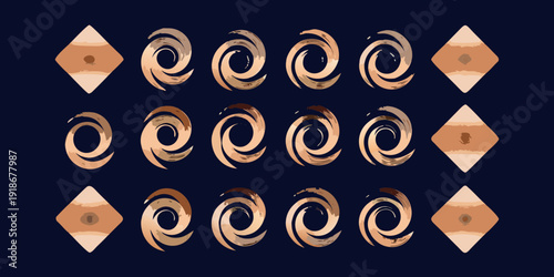 Abstract arrangements of spiral and diamond shapes in varying shades