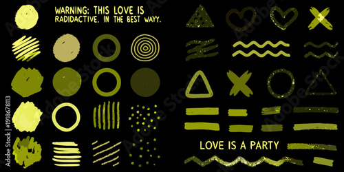 Abstract geometric shapes and patterns in varying shades of yellow and green