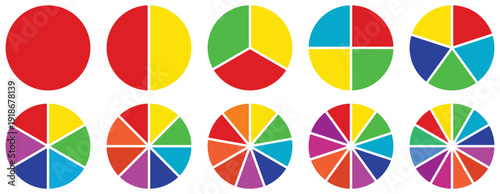 Circle pie chart diagram. 2,3,4,5,6,7,8,9,10,12, sections or steps. Colorful Pie chart set. Pie chart circle. Flat process cycle. Progress sector. Vector illustration.