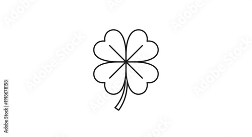 Simple black and white four leaf clover illustration with stem on plain background