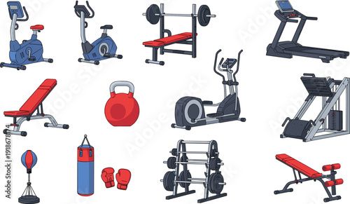 Gym fitness equipment vector illustration set including treadmill bench press kettlebell boxing gloves exercise machines workout training collection design artwork