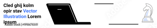 Business planning, digital strategy, innovation, problem-solving, technology, strategic decisions. A laptop paired with a chess knight strategy. Business planning and digital strategy concept