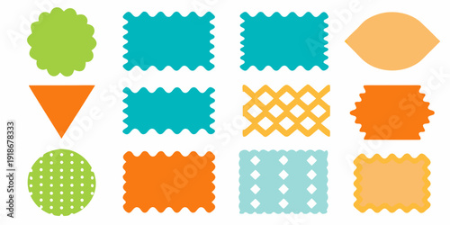 Collection of colorful geometric shapes and patterned labels arranged in a grid