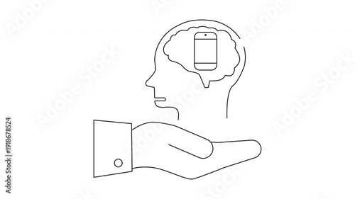Smartphone Addiction Concept - Hand Holding Brain with Phone Inside.
