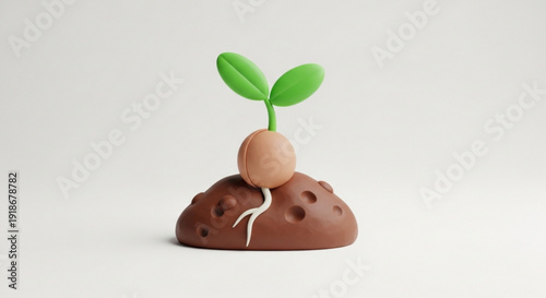Small green seedling sprout growing from brown soil mound with holes