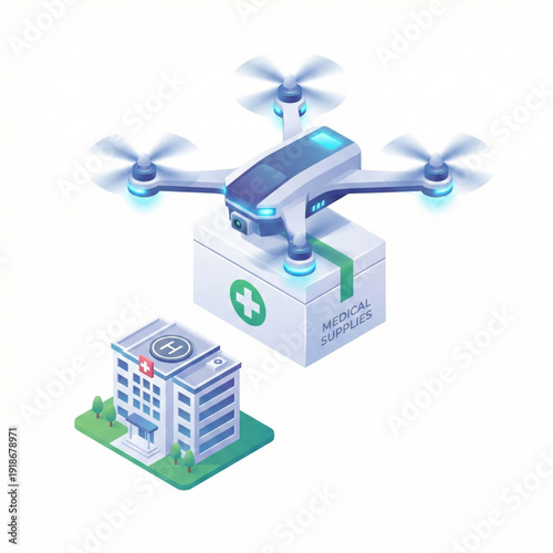 Isometric automated drone flying to deliver medical supplies and first aid