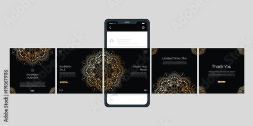 Ramadan sale instagram posts collection, Discount carousel template with elegant black gold mandala