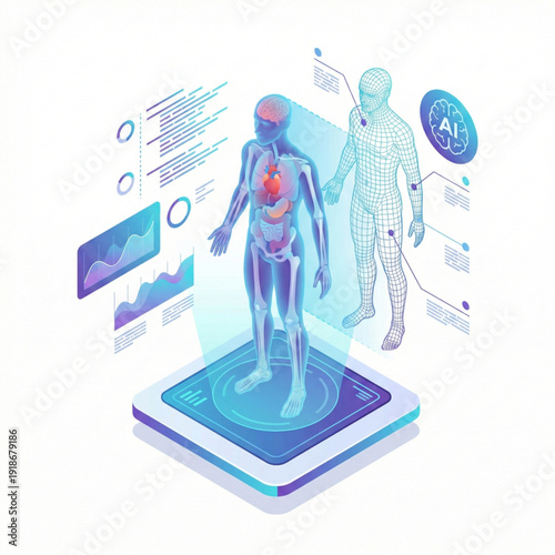 Isometric digital twin of human body showing glowing internal organs