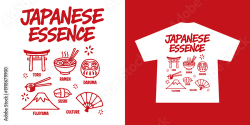 minimalist Japanese-themed design featuring iconic elements like a Torii gate, Daruma doll, ramen, sushi, fan, and Gunung Fuji. Clean lines and a red-white color palette create a bold, authentic Japan