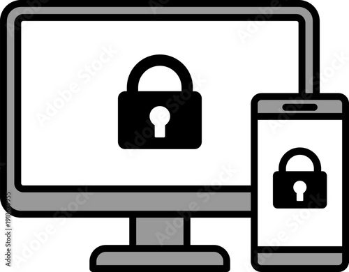 パソコンとスマートフォンにカギマークが表示されたイラスト｜セキュリティ・データ保護のアイコン　Illustration of Computer and Smartphone with Lock Icon – Security and Data Protection Concept
