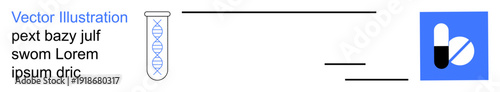 Healthcare innovation, biotechnology, genetic research, pharmaceutical developments, drug creation, lab analysis. DNA strand in test tube alongside capsule icon. Healthcare innovation