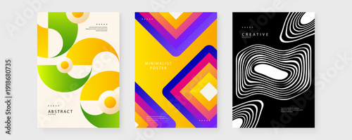 Set of three modern posters using bold geometric forms and vibrant color palettes for creative branding