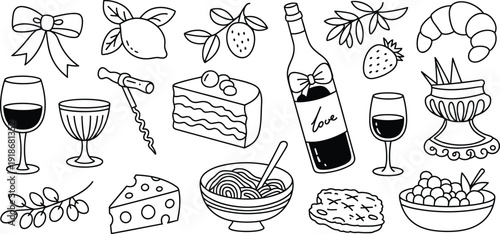 Italian cuisine line art collection, featuring wine, pasta, cheese, bread and traditional food elements in black outline vector illustration