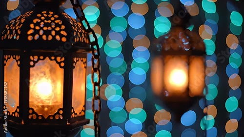 Decorative Lanterns with Glowing Lights and Bokeh Background