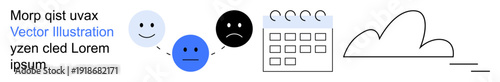 Mental health, time management, emotional balance, productivity tools, mood tracking, decision making. Three emoticons varied emotions, calendar and cloud icons . Mental health and time management
