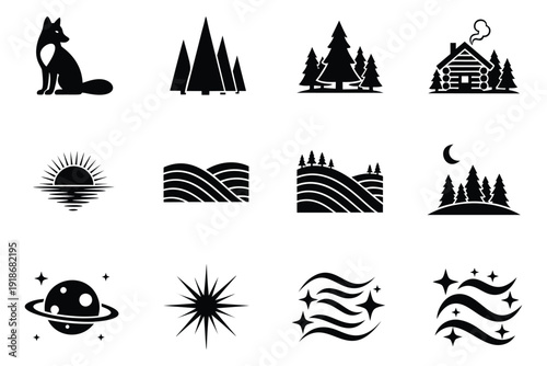 Solid icon set featuring a fox, trees, a log cabin, a sunrise, hills, a moonlit forest, a planet, and stars for various design projects