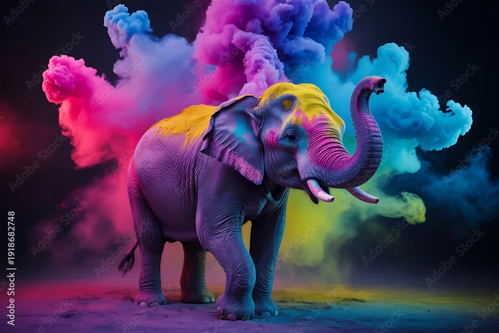 Fototapeta premium Vibrant elephant digital art with colorful smoke background fantasy animal illustration