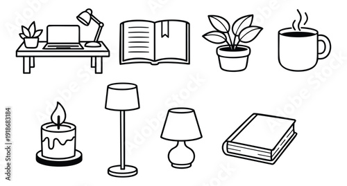 Hand drawn line art cozy home and workspace elements set featuring a desk, laptop, books, plants, lamps, a mug, and a candle for comfort and productivity