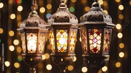 Decorative Lanterns with Stained Glass and Bokeh Lights for Cultural Celebrations and Festive