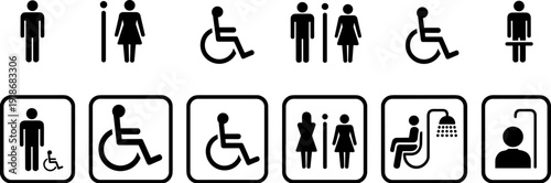 Accessible restroom and public facility icon set, featuring male, female and wheelchair symbols in black and white vector signage