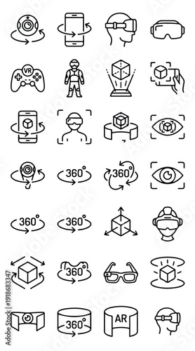 Collection of various virtual reality and augmented reality icons representing immersive technology interfaces and digital experiences.