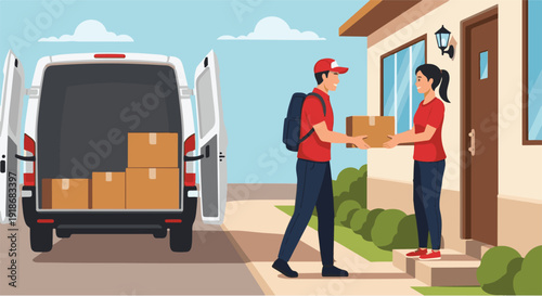 Delivery man handing a package to a woman at her doorstep from a van full of boxes