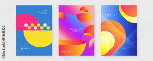 Three creative poster layouts featuring 3D geometric spheres semi-circles and fluid gradients in a bright and energetic color palette