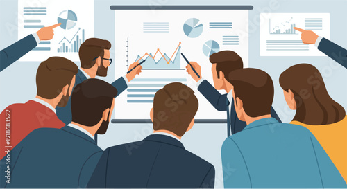 Business team analyzing financial charts during a meeting, demonstrating growth and strategy planning for corporate success
