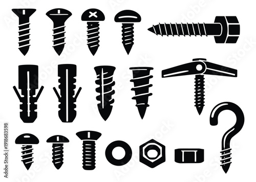 Line art hardware and fasteners set featuring screws, bolts, nuts, anchors, and hooks for construction and DIY projects