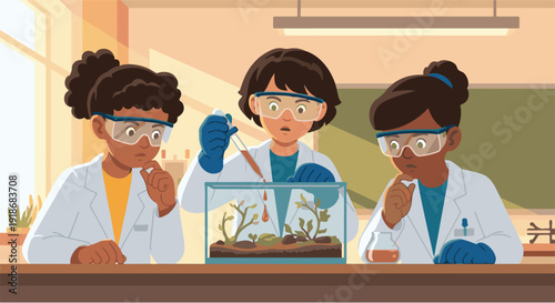 Young students conducting a science experiment in a classroom, exploring a miniature ecosystem with curiosity and focus
