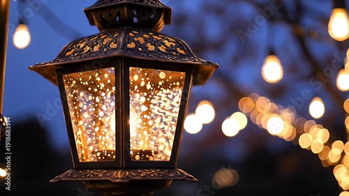 Decorative Outdoor Lanterns Illuminated at Dusk Creating Warm Ambience
