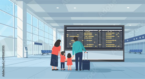 Family checking the departure board at a busy airport terminal, ready for their vacation or business trip