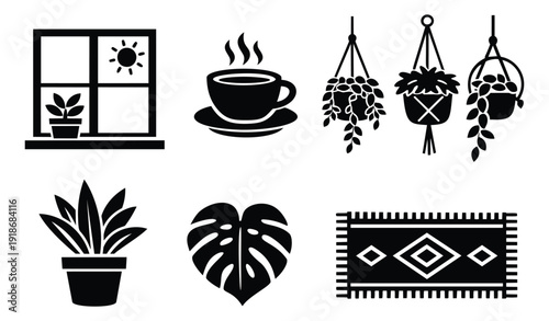 Minimalist silhouette home comfort set featuring potted plants, a window, a coffee cup, and a rug for interior decoration