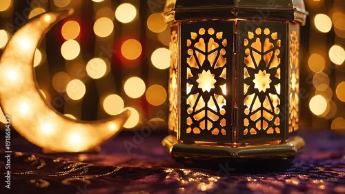 Decorative Ramadan Lantern and Illuminated Crescent Moon for Festive Celebration