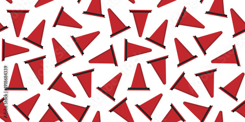 三角コーンが敷き詰められたシームレスパターン｜工事・注意喚起の背景素材　Seamless Pattern of Traffic Cones on Yellow Background
