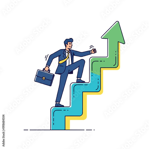 A determined businessman in a blue suit climbs a stylized, multicolored arrow graph on a white background, holding a briefcase and phone.
