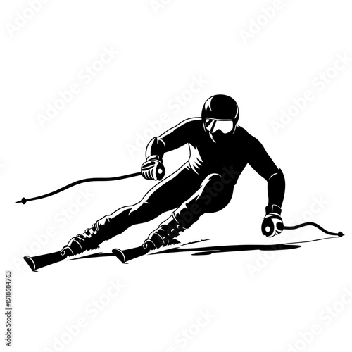 Black and White Alpine Skiing Athlete Silhouette Vector on White Background