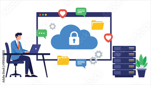 Cybersecurity for Cloud-Based Media Management – Protecting Digital Files and Documents During Data Transfers Vector Illustration