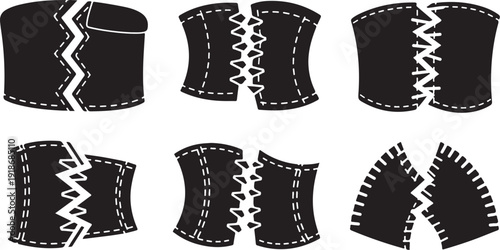Illustration of various black corset designs with white stitching details