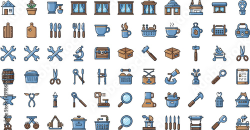 Vintage Workshop and Craft Tools Icon Set Featuring Sewing Machine, Scissors, Hammer, Anvil, Wooden Crate and Artisan Equipment Vector Collection