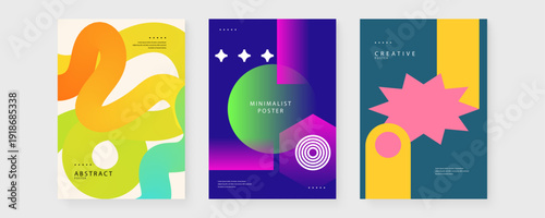 Set of three posters exploring organic fluid lines geometric forms and bold color contrasts for modern branding