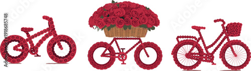 Romantic rose bicycles illustration, red floral bike designs with basket isolated on white background for Valentine decoration