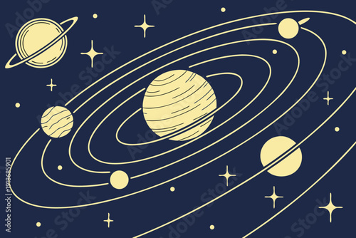 Stylized planets with glowing rings and twinkling stars in a deep cosmic expanse